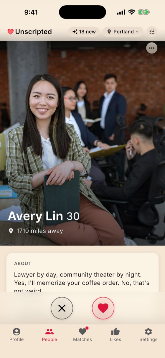 The Unscripted discovery deck showing one person's profile with Pass and Like buttons
