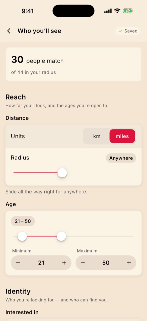 Discovery Preferences screen with a live match counter, distance radius slider and age range sliders