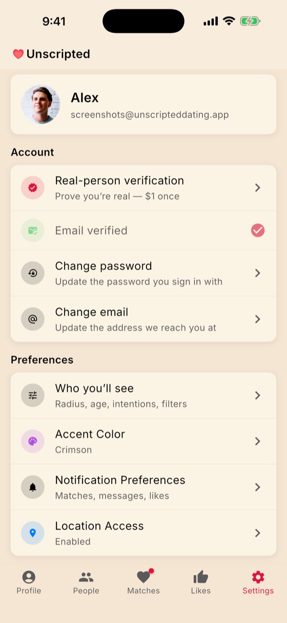 Settings screen listing real-person verification, who you'll see filters, theme colors, notification preferences and safety tools